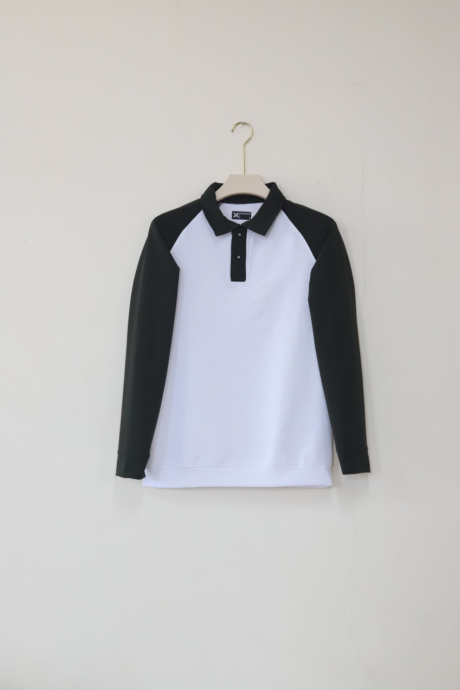 Collar Raglan Full Sleeve T-Shirt(white with olive green)